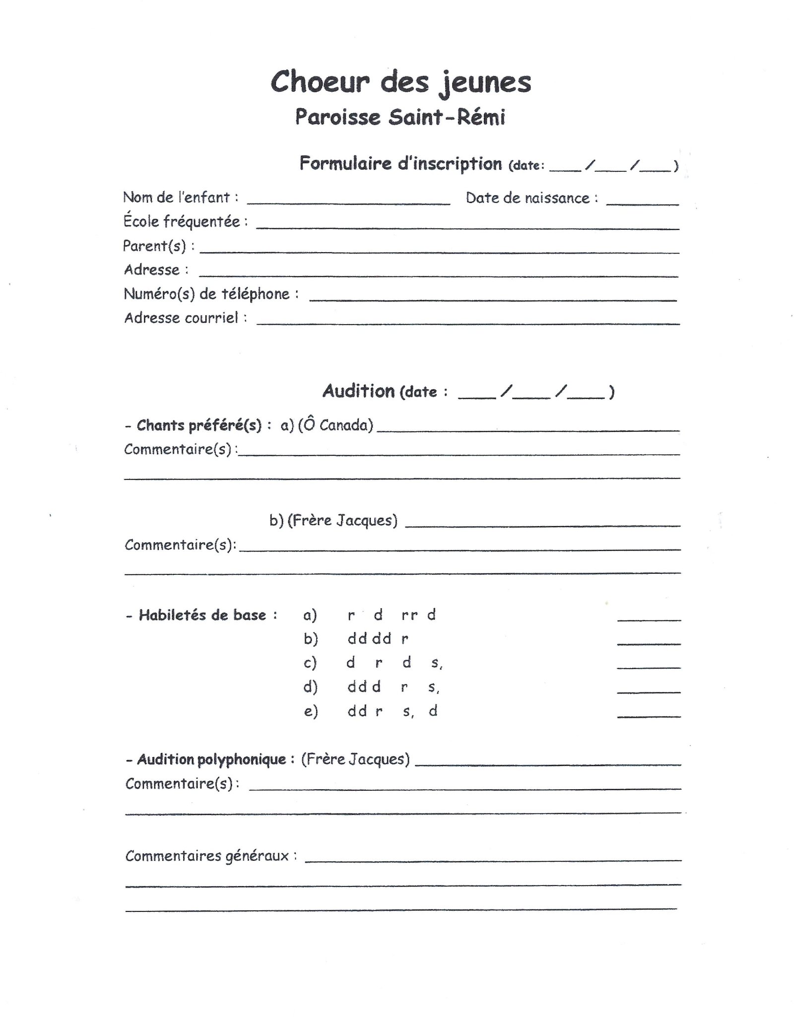 Formulaire d’inscription historique du Chœur des jeunes de la paroisse Saint-Rémi